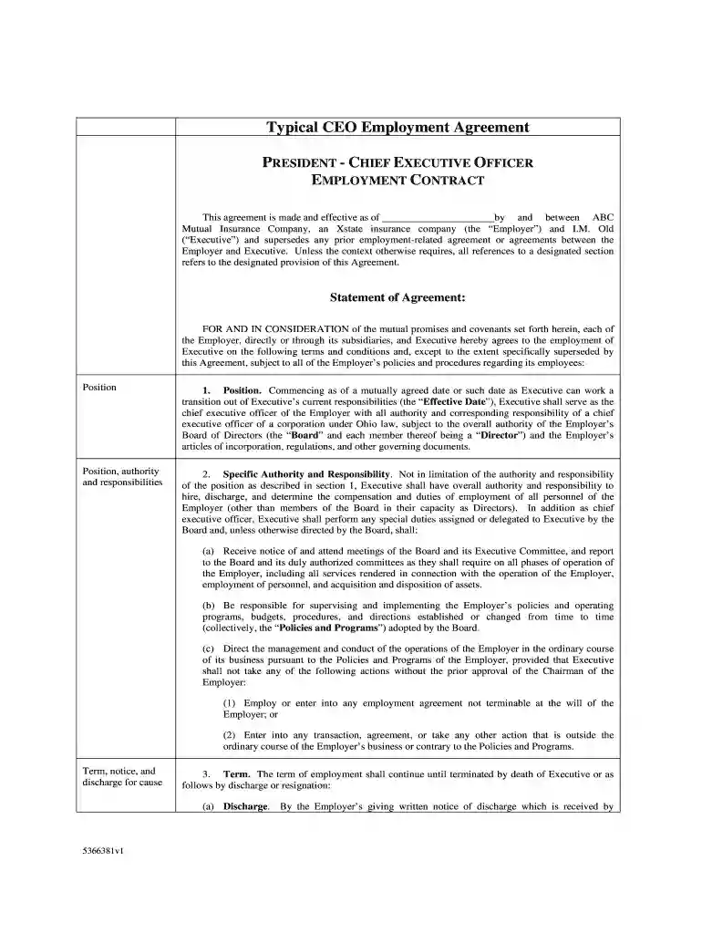 Typical CEO Employment Agreement Preview on Page 1