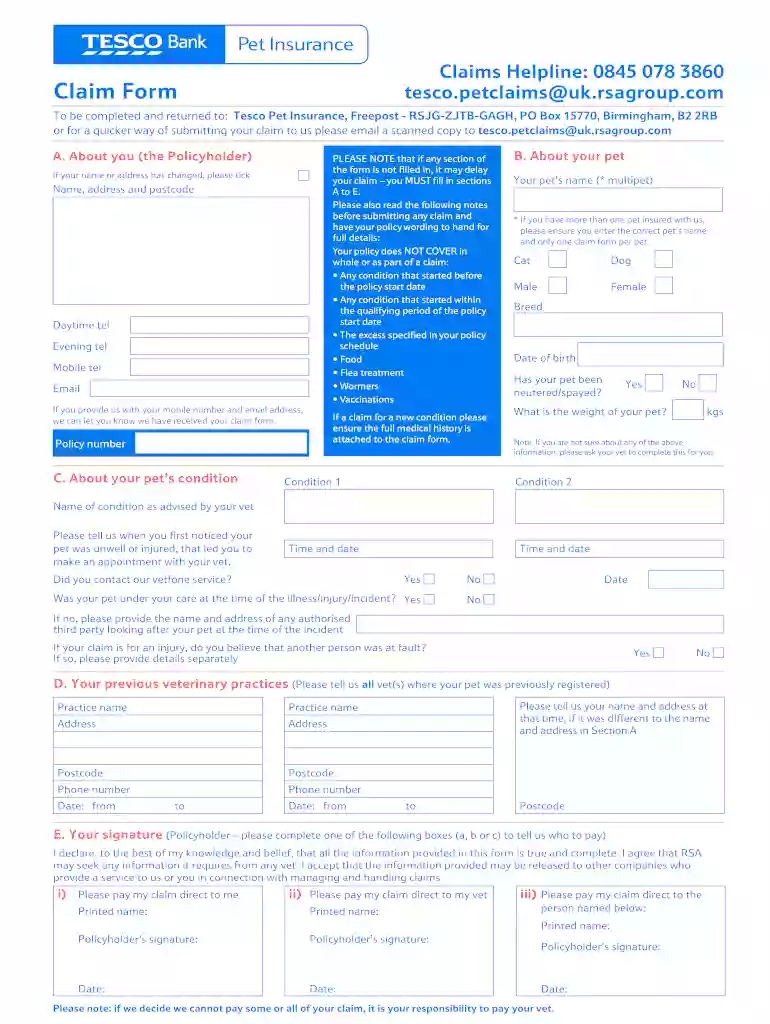 tesco pet insurance claim form Preview on Page 1