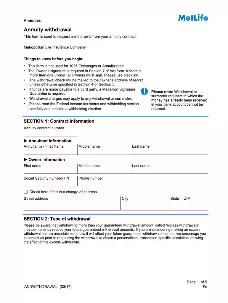 metlife annuity withdrawal form Preview on Page 1