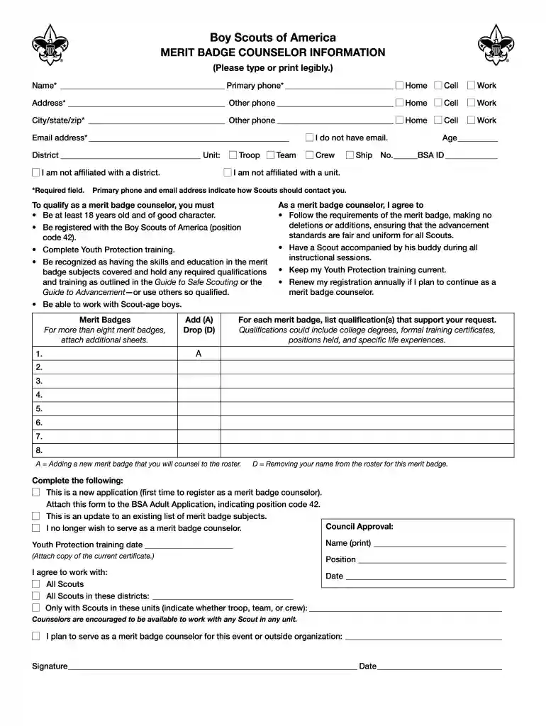merit badge counselor form Preview on Page 1