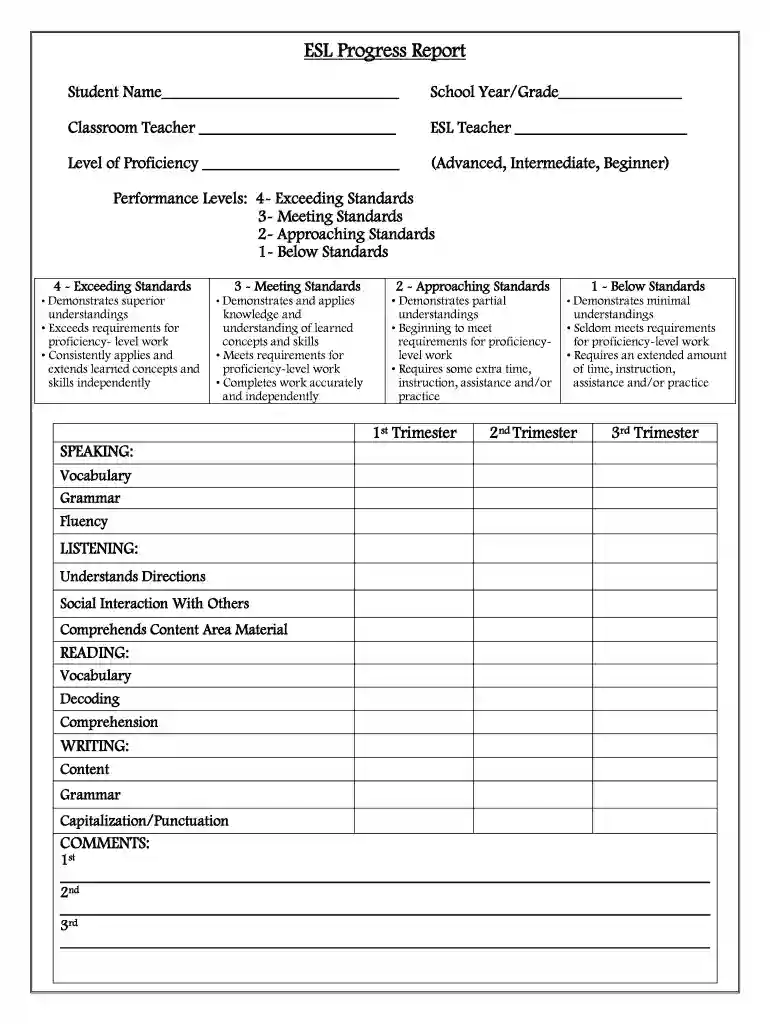 esl progress report template Preview on Page 1