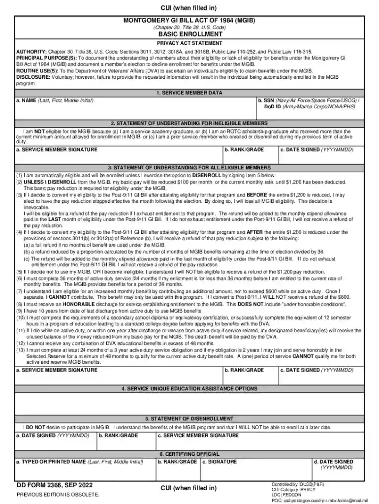 DD Form 2366, Montgomery G I Bill Act of 1984, Basic Enrollment, April 2013 Preview on Page 1