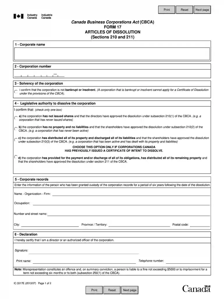 form 17 articles of dissolution Preview on Page 1