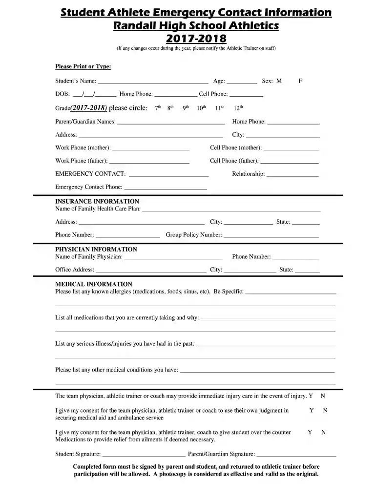 Student Athlete Emergency & Family Healy Insurance Information Preview on Page 1