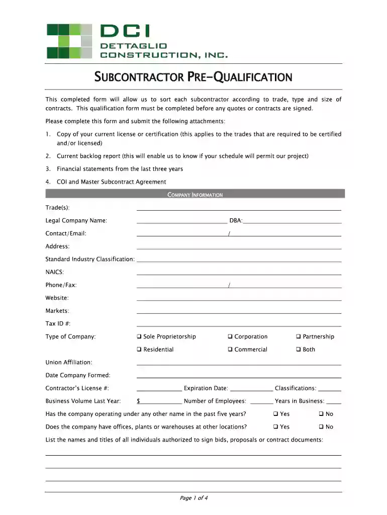 SUBCONTRACTOR PRE-QUALIFICATION This completed form will allow us to sort each subcontractor accordi Preview on Page 1