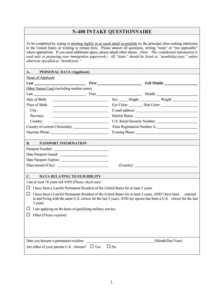 n 400 intake form Preview on Page 1