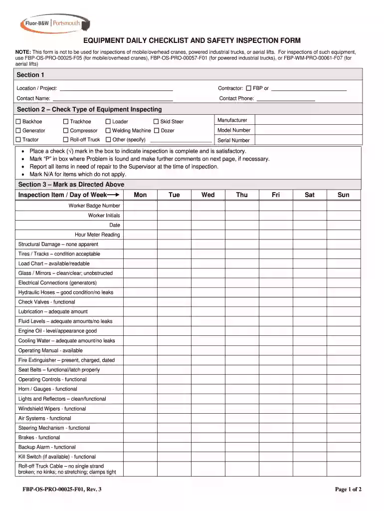 equipment daily inspection form Preview on Page 1