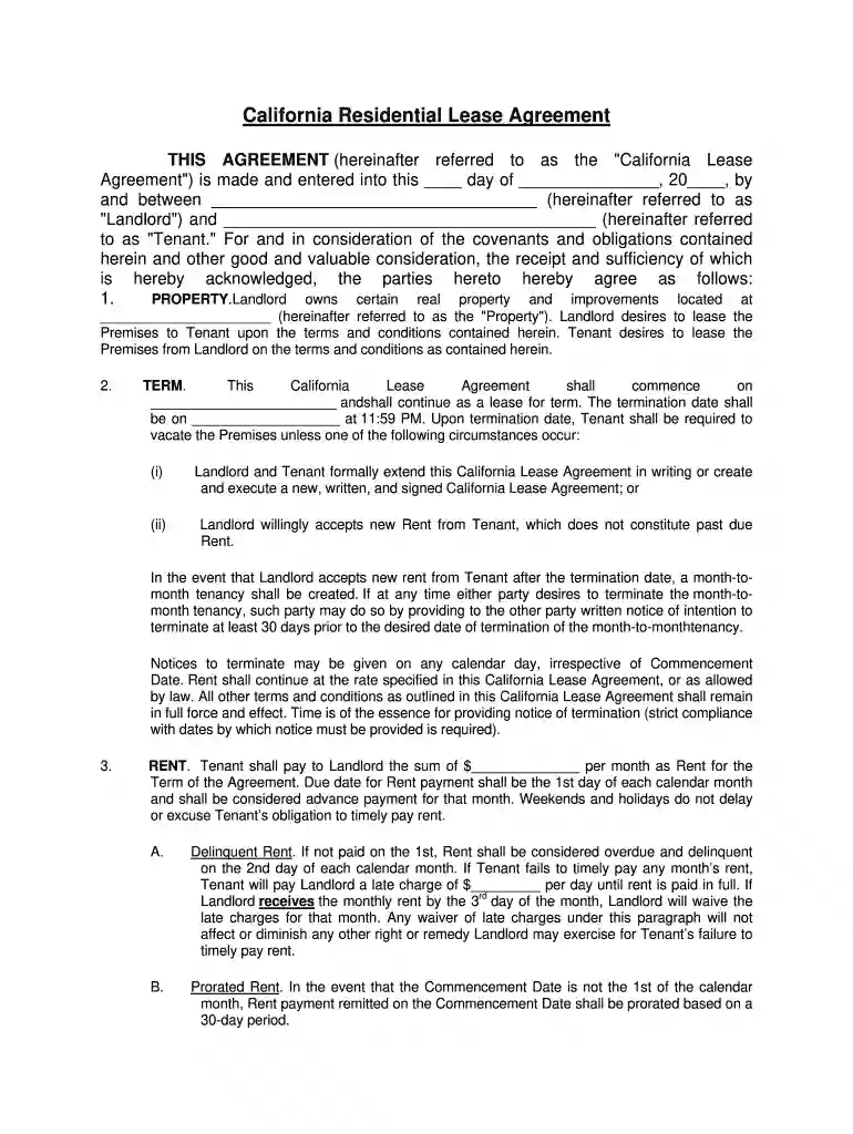 california residential lease agreement Preview on Page 1