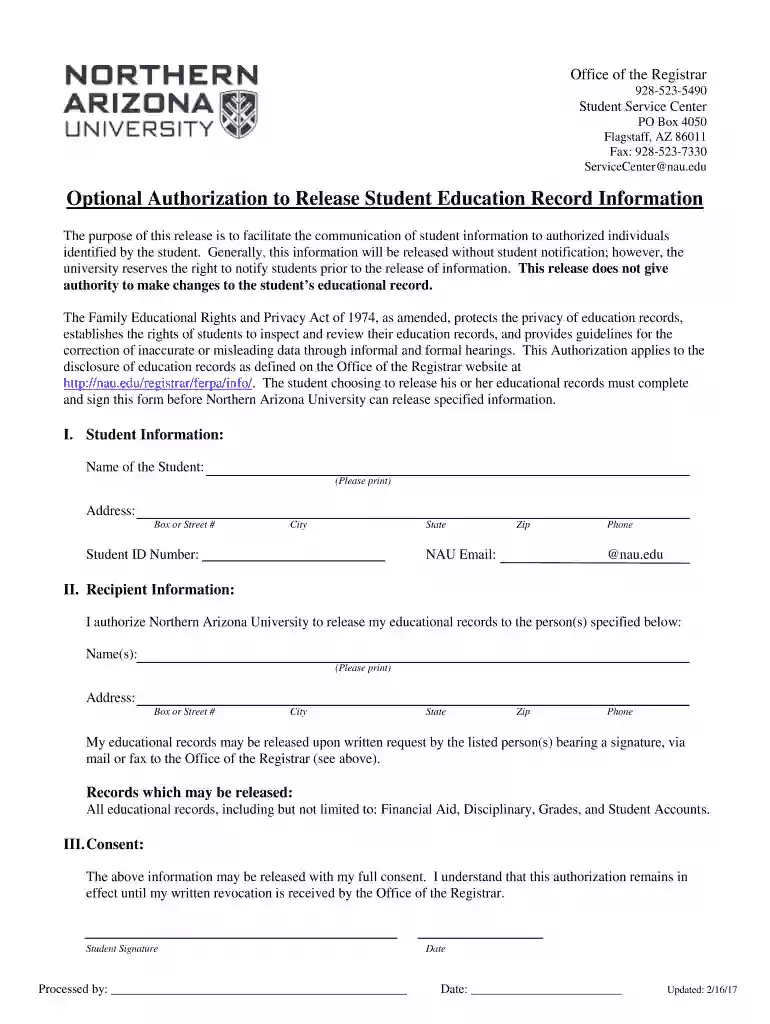 nau ferpa form Preview on Page 1