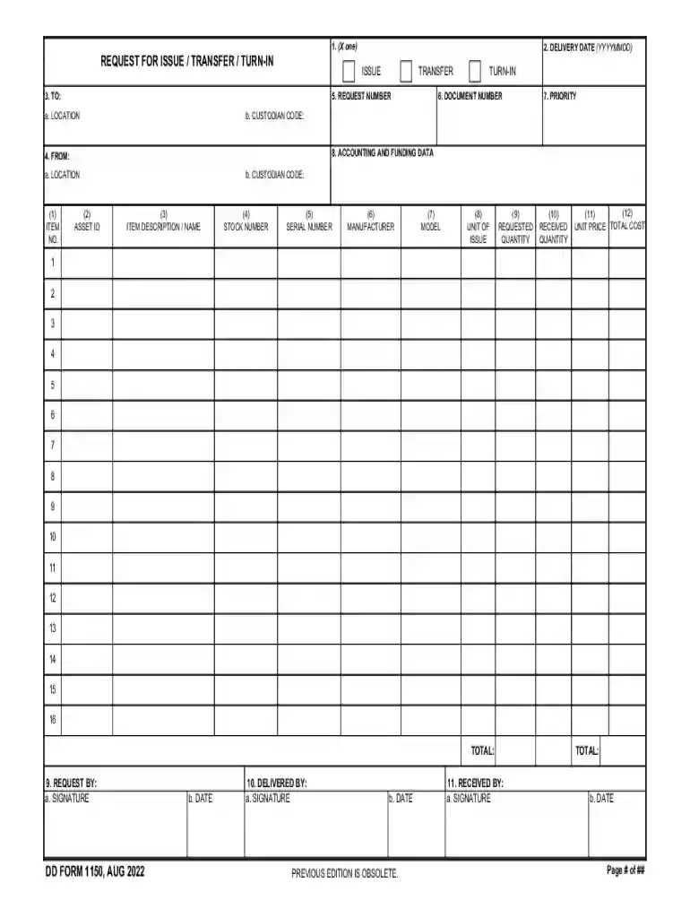 DD Form 1150, Request for Issue Transfer Turn-In, December 2011 Preview on Page 1