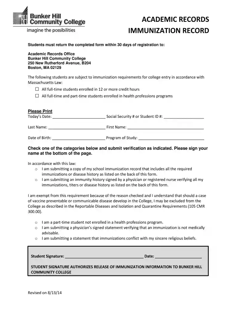 bhcc immunization form Preview on Page 1