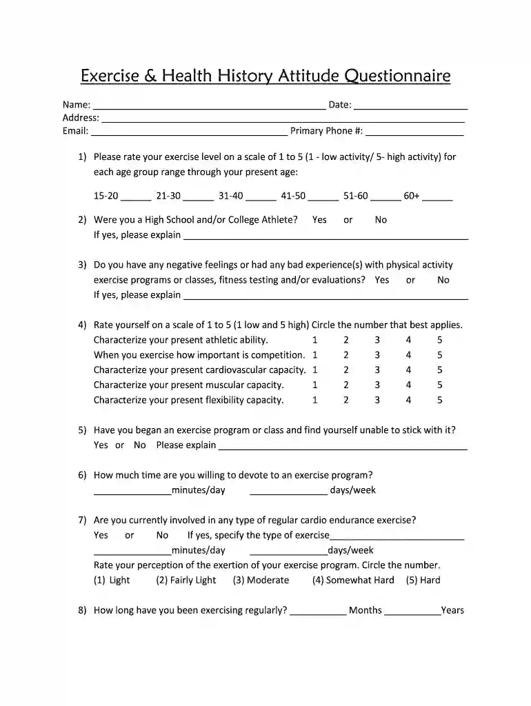 exercise questionnaire for students Preview on Page 1