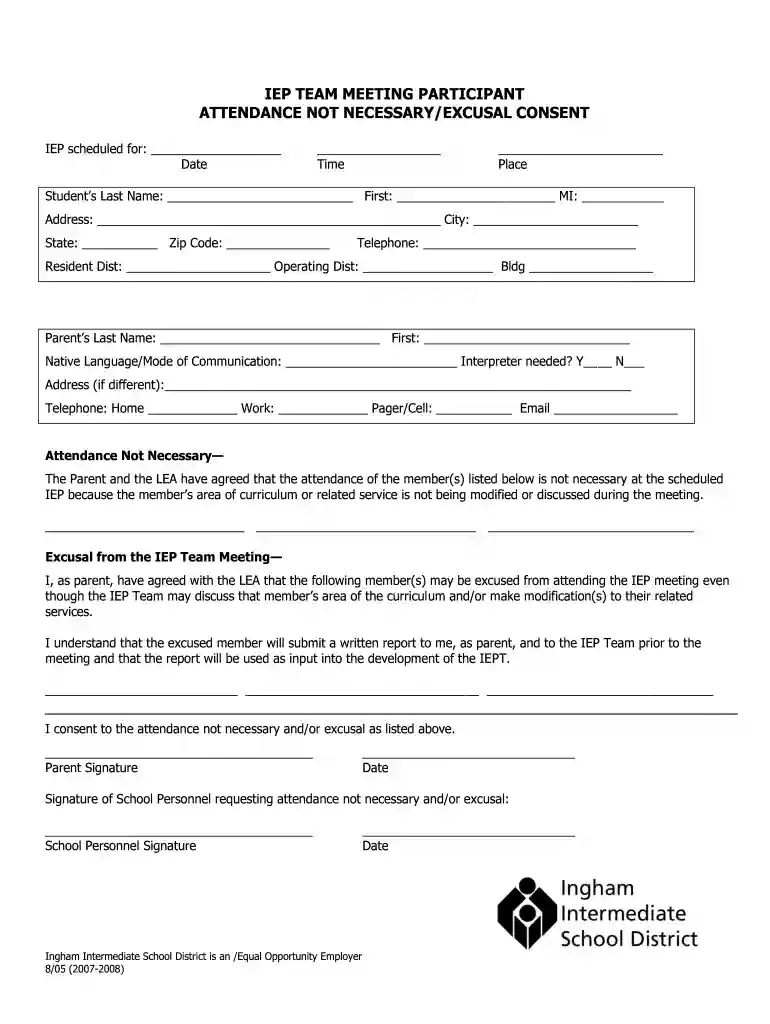 IEP Attendance Not Necessary - Excusal Consent - Ingham ... - inghamisd Preview on Page 1