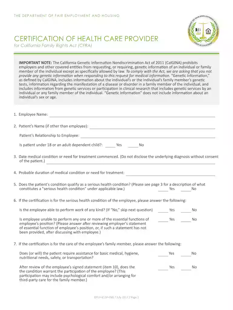 certification of health care provider form california Preview on Page 1