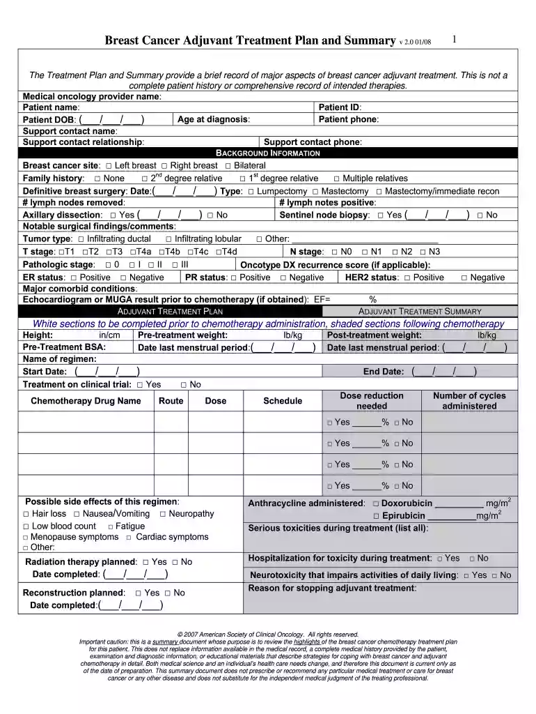 Breast Cancer Adjuvant Treatment Plan and Summary v2 0108doc - komenoregon Preview on Page 1