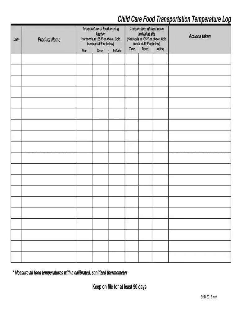 Child Care Food Transportation Temperature Log Preview on Page 1