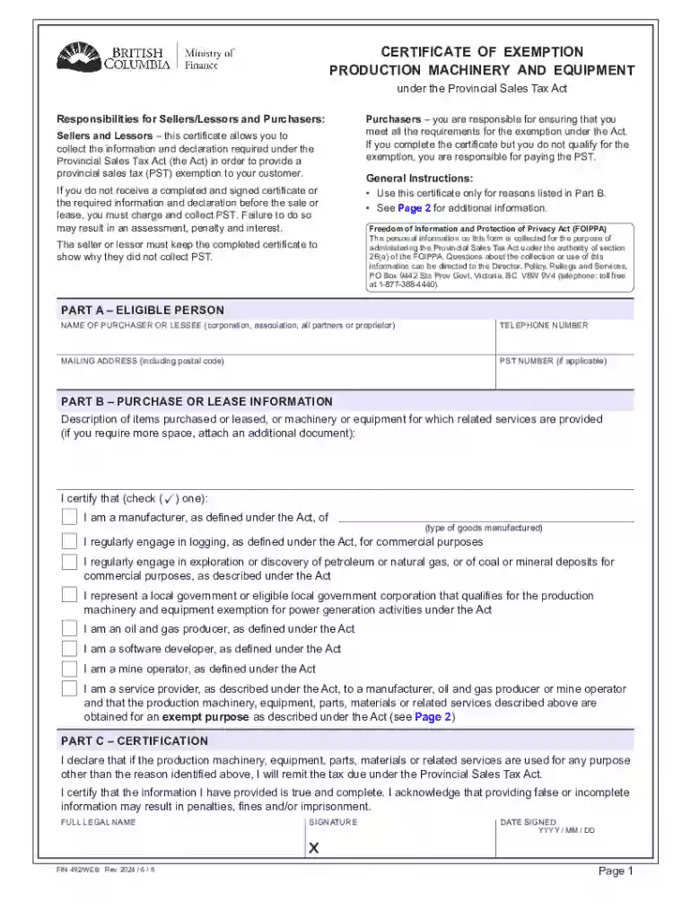 FIN 492, Certificate of Exemption - Production Machinery and Equipment pletion of this certificate a Preview on Page 1