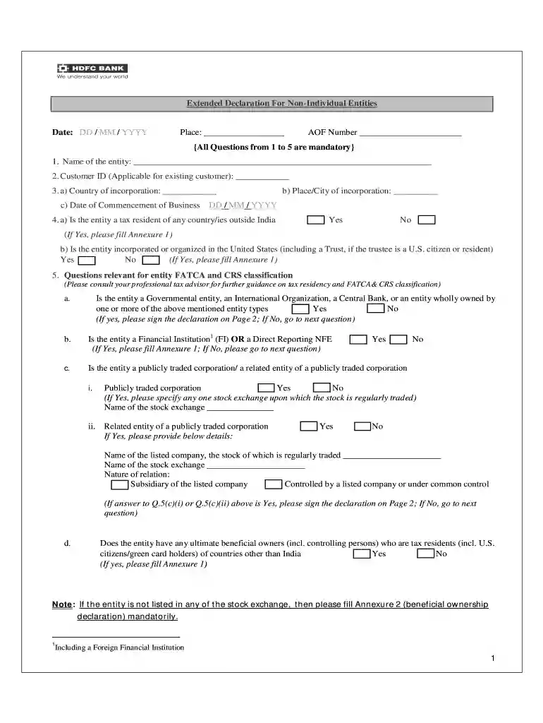 extended declaration for non individual entities hdfc Preview on Page 1