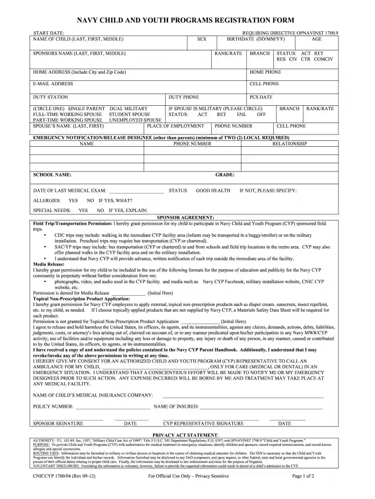 NAVY CHILD AND YOUTH PROGRAMS REGISTRATION FORM START DATE: NAME OF CHILD (LAST, FIRST, MIDDLE) REQU Preview on Page 1