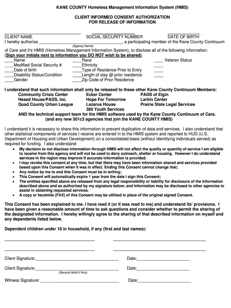 KANE COUNTY Homeless Management Information System (HMIS) Preview on Page 1