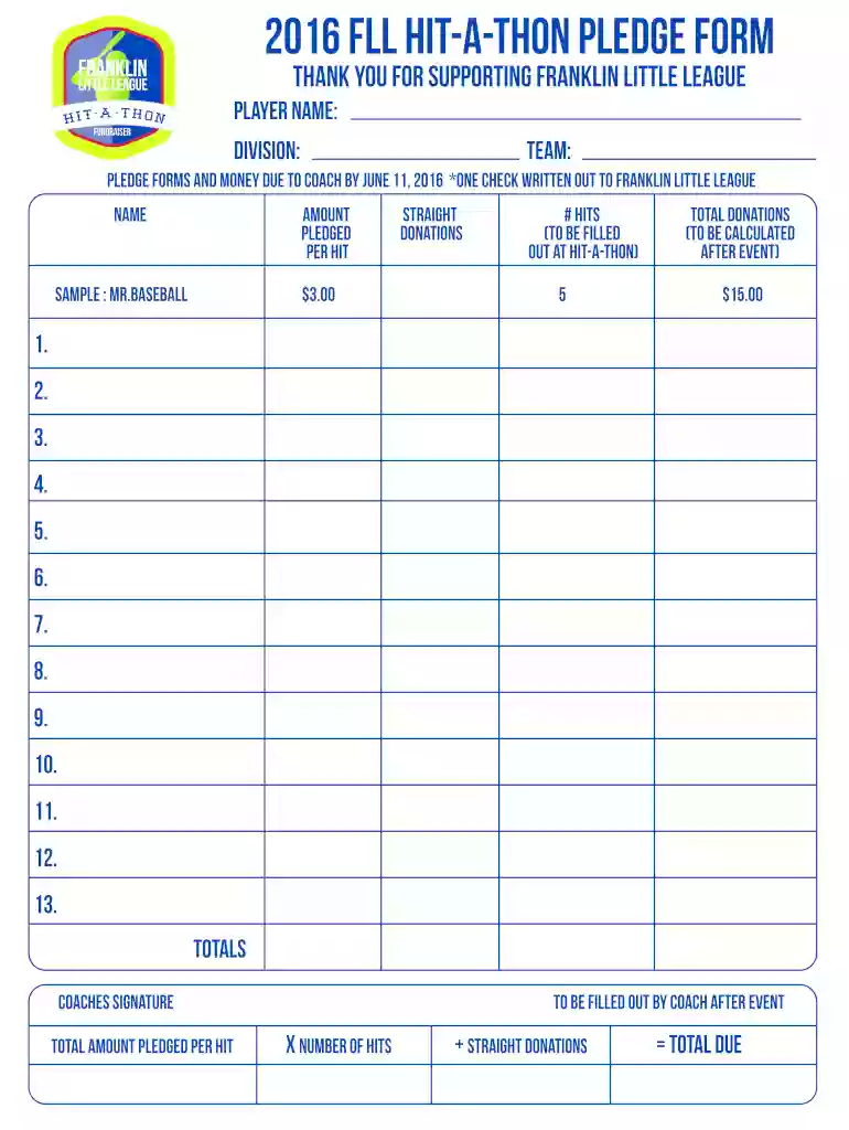2016 FLL Hit-A-ThON PLEDGE FORM Preview on Page 1