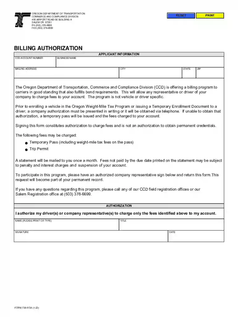 Oregon Billing Authorization Form Preview on Page 1