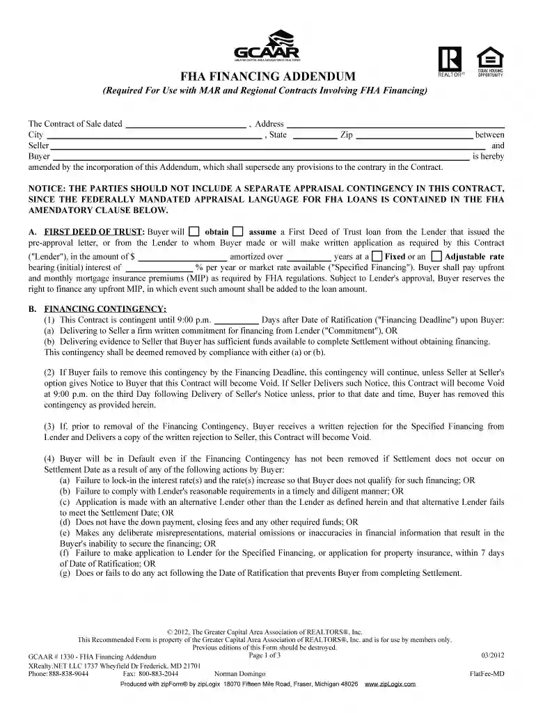 fha financing addendum maryland Preview on Page 1
