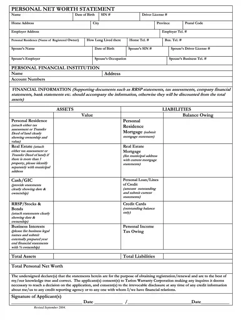 net worth form template Preview on Page 1