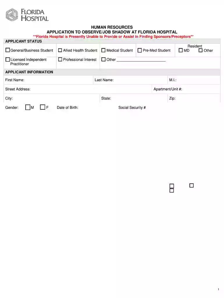 hospital application form sample Preview on Page 1