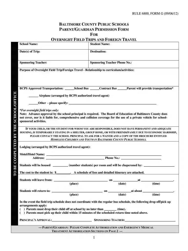 bcps field trip forms Preview on Page 1