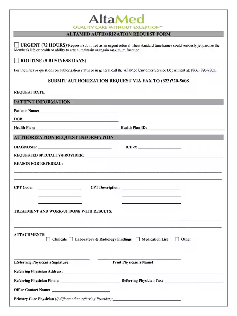 altura authorization request form Preview on Page 1