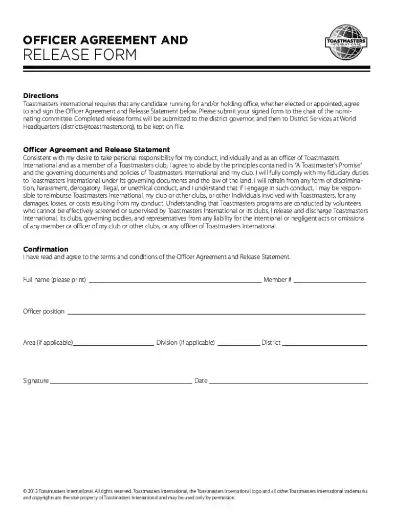 Officer Agreement and Release Form - Toastmasters International Preview on Page 1