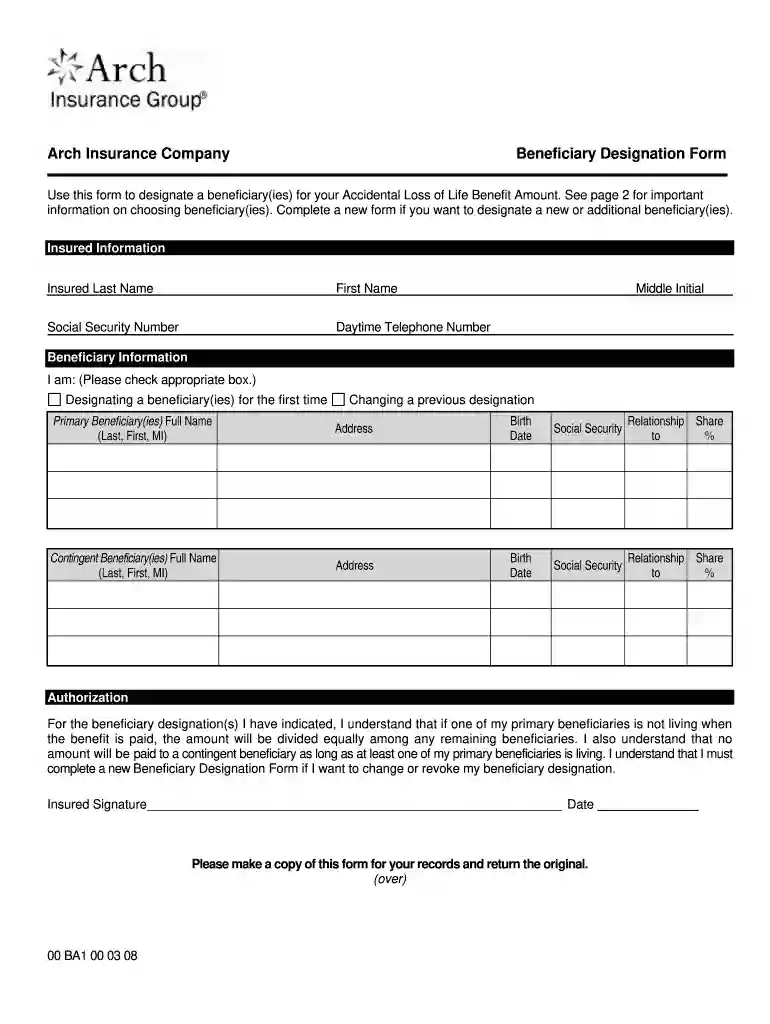 fegli beneficiary form Preview on Page 1