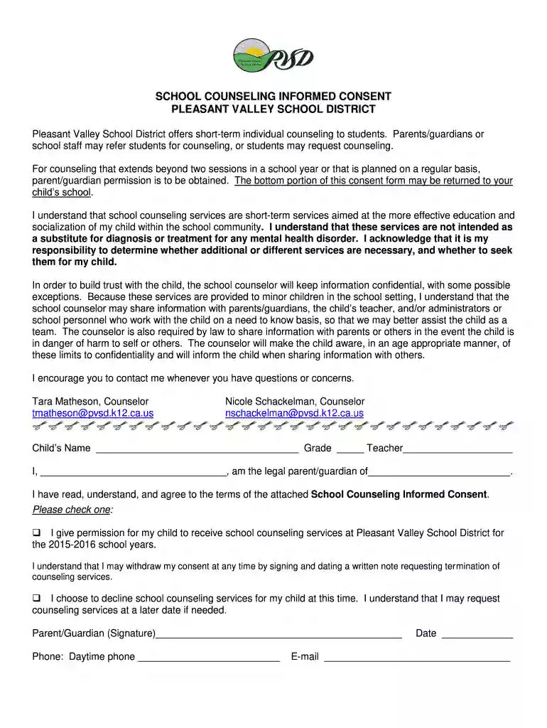 school counseling informed consent form k 12 Preview on Page 1