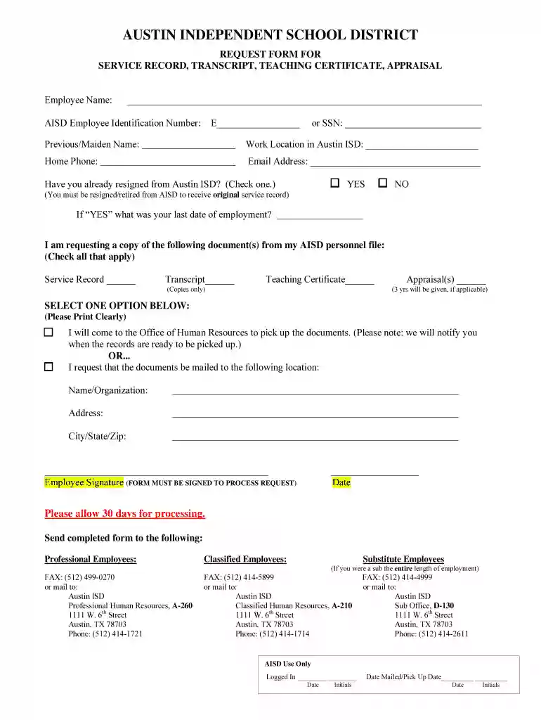 austin isd service records Preview on Page 1