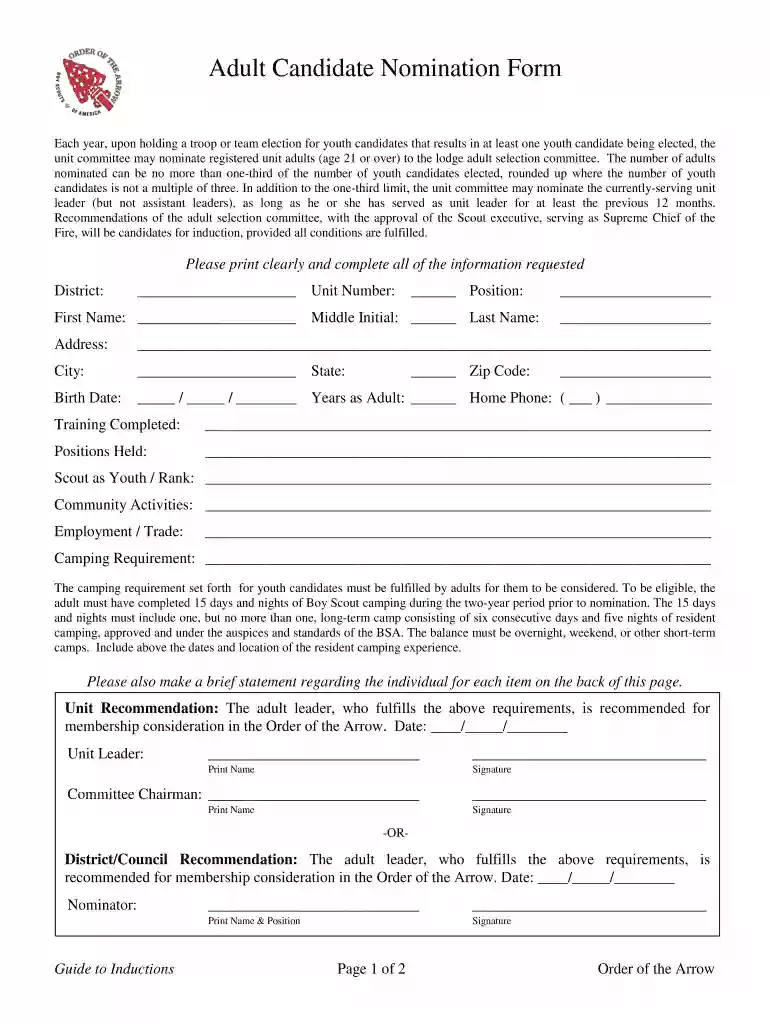 oa adult nomination form Preview on Page 1