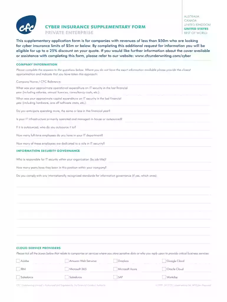 CYBER INSURANCE SUPPLEMENTARY FORM Preview on Page 1