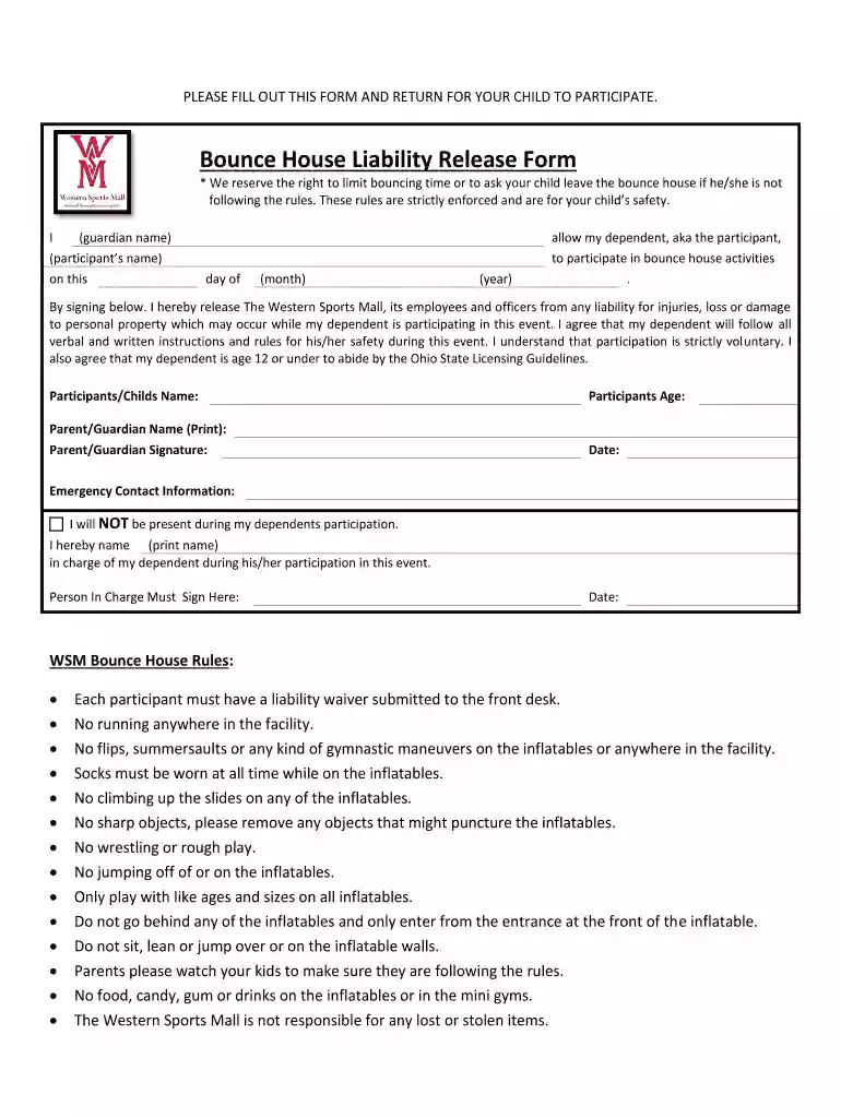 bounce house waiver template free Preview on Page 1