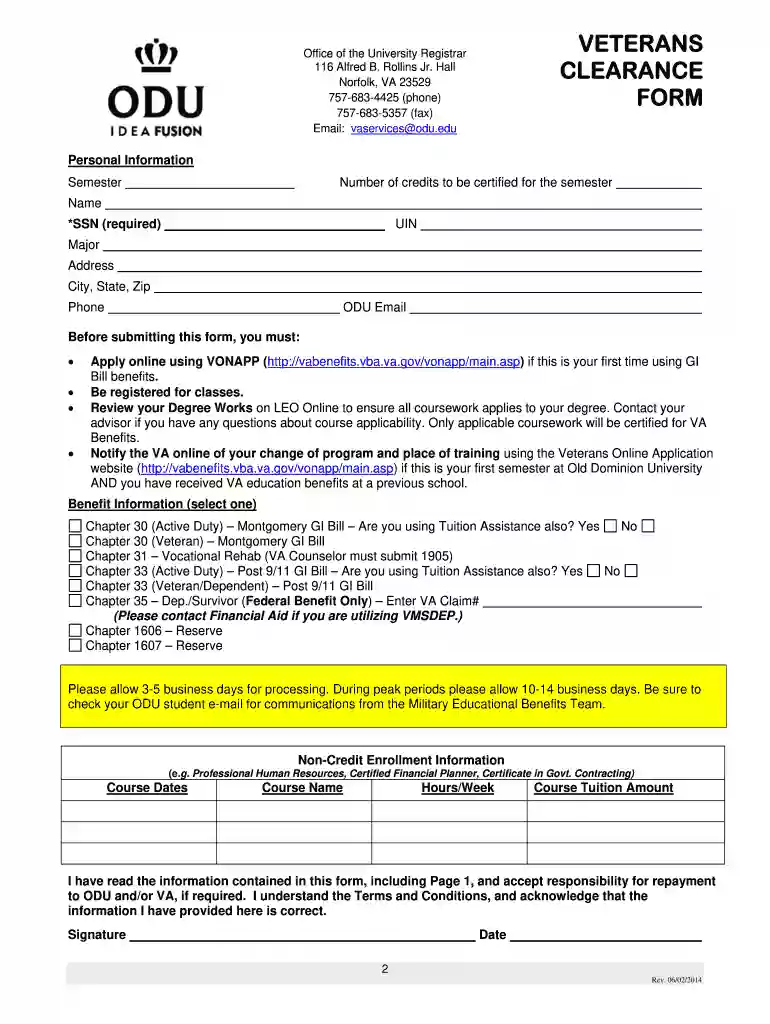 veterans clearance form odu Preview on Page 1