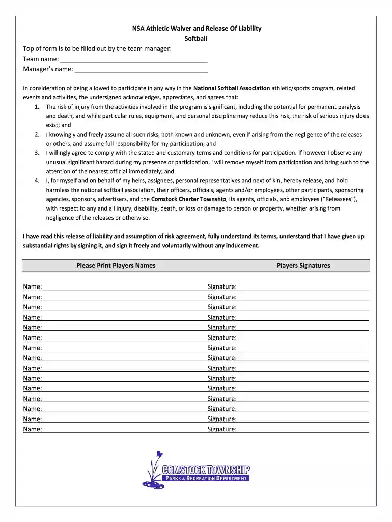 softball waiver form Preview on Page 1