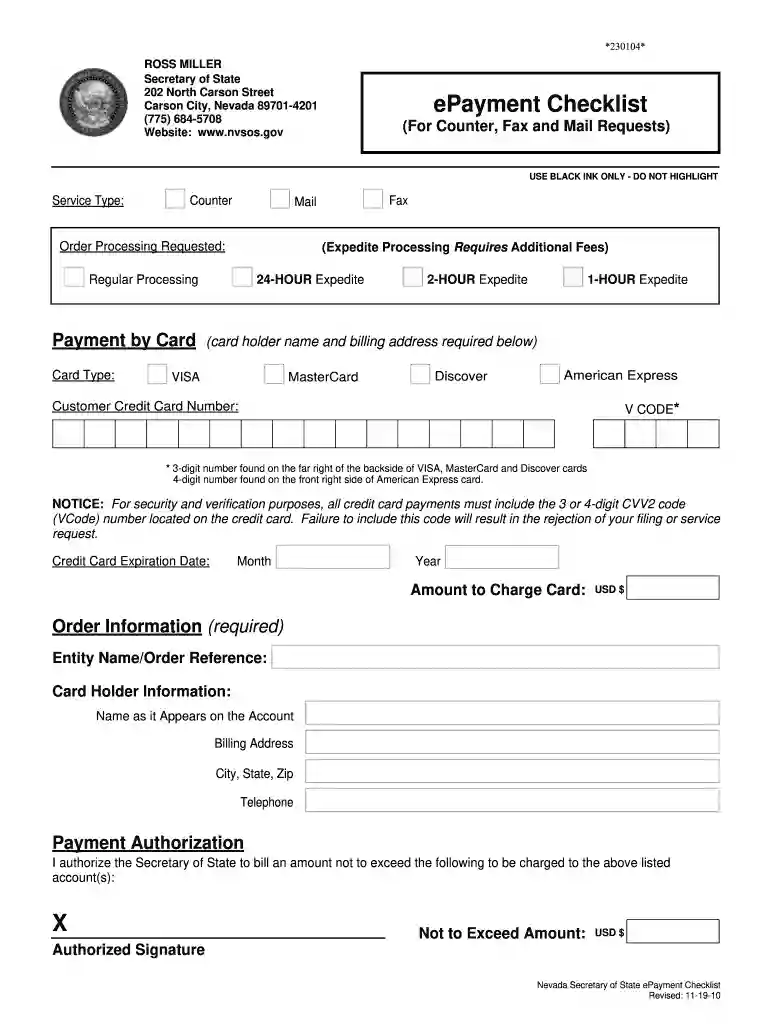 EPayment Checklist - Nevada Secretary of State Preview on Page 1