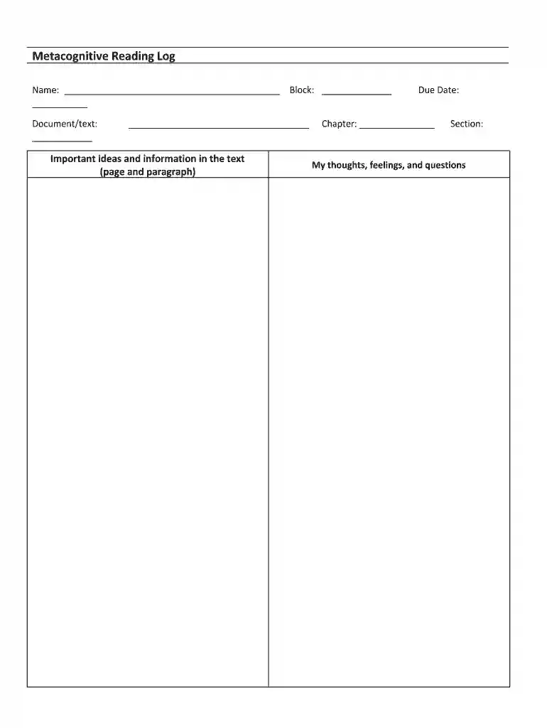 metacognitive reading log Preview on Page 1