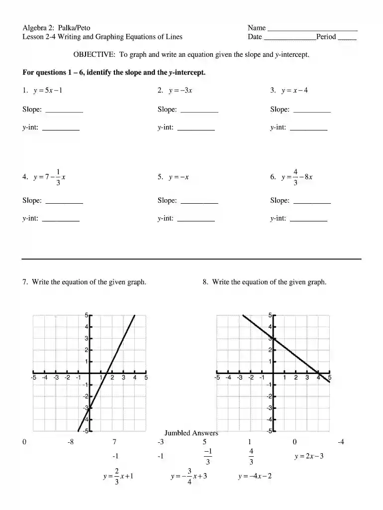 slope intercept form worksheet Preview on Page 1