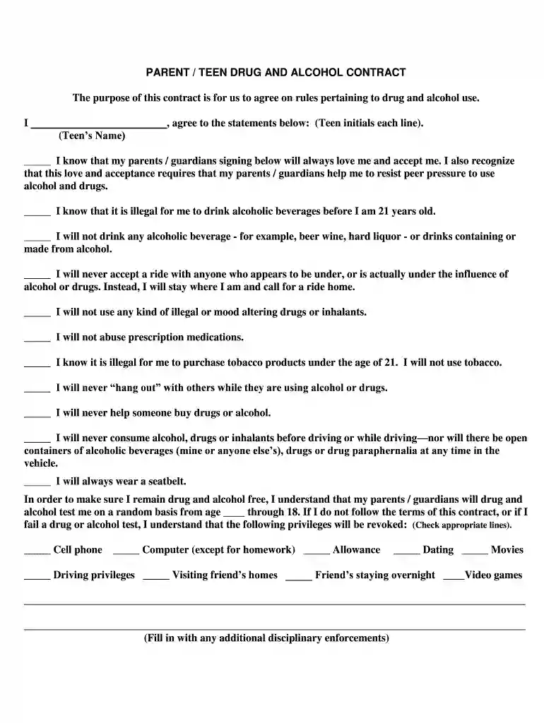 PARENT TEEN DRUG AND ALCOHOL CONTRACT Preview on Page 1