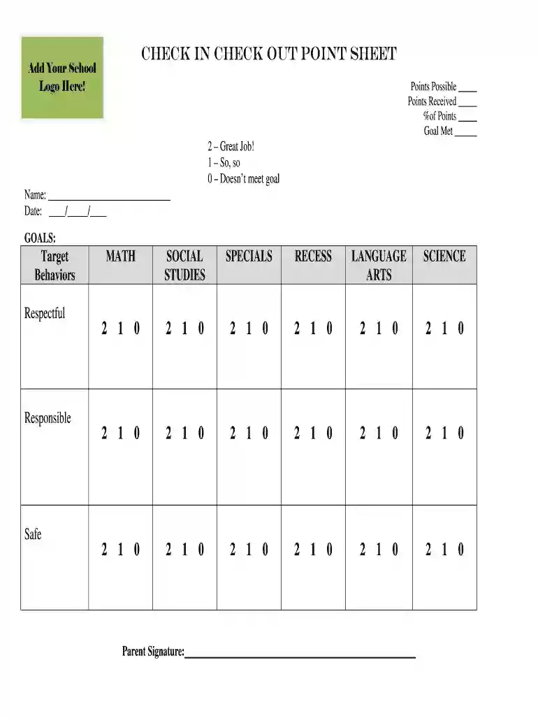 Check in check out Point Sheet Preview on Page 1