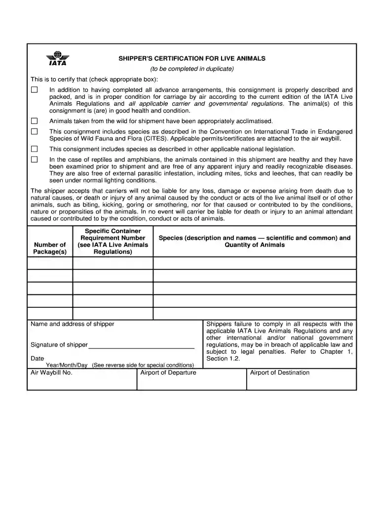 shipper's certification for live animals Preview on Page 1