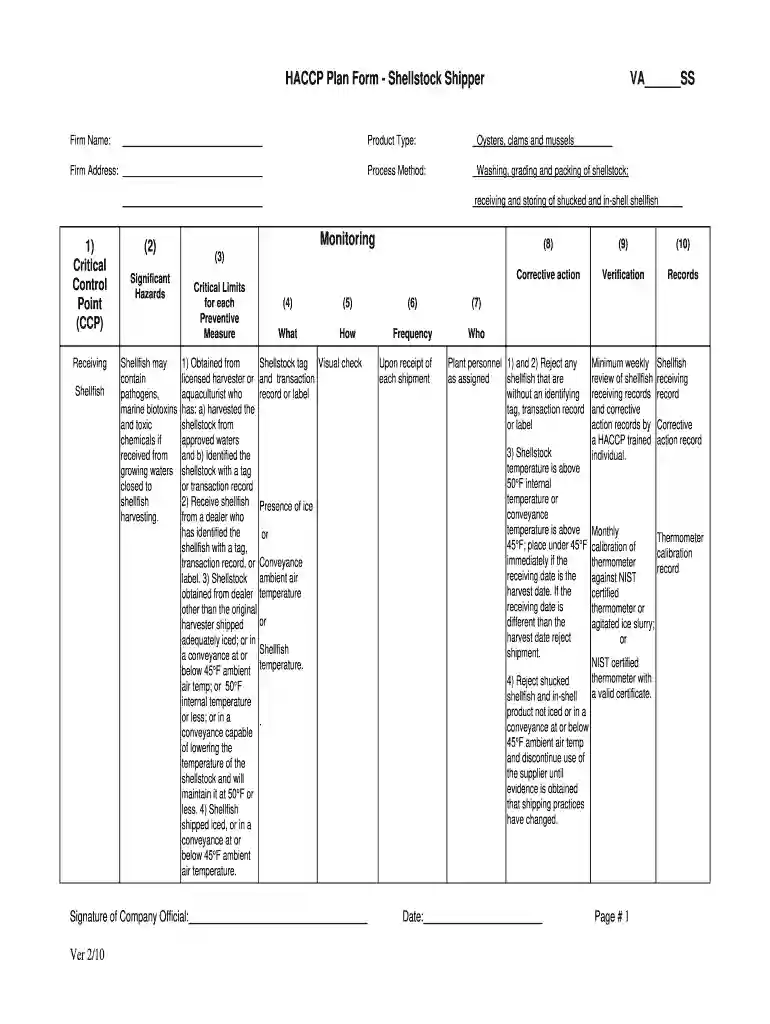 shellfish haccp plan Preview on Page 1