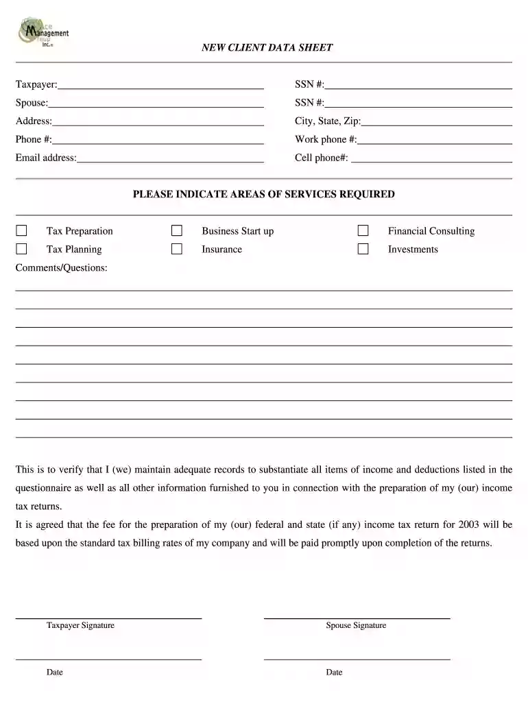 NEW CLIENT DATA SHEET Taxpayer: SSN - Ace Management Group Preview on Page 1