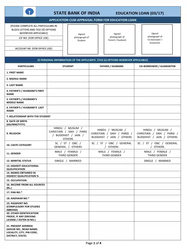 sbi education loan form filling sample pdf Preview on Page 1