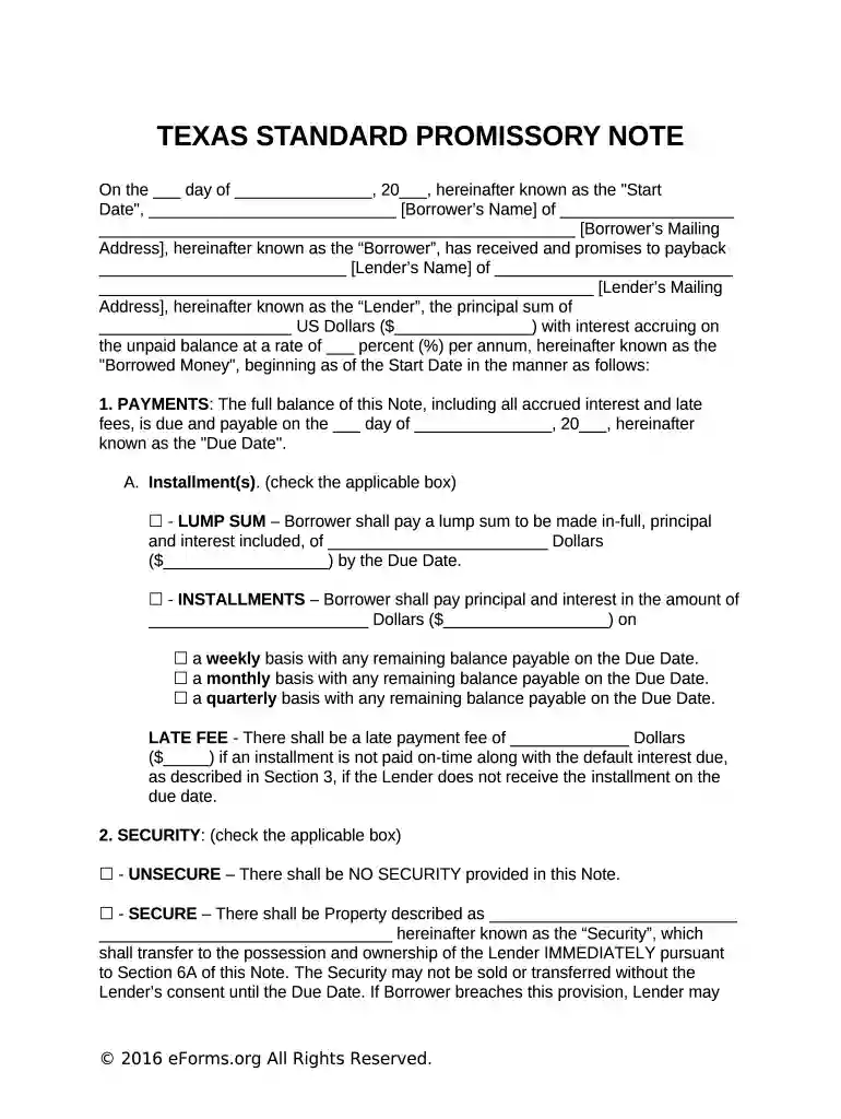 promissory note template texas Preview on Page 1